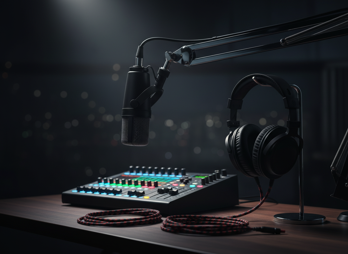 A sleek, matte-black dynamic microphone mounted on a chrome boom arm, suspended above a minimalist audio mixing console covered in glowing LED meters and brightly lit faders. The setup rests on a dark walnut studio desk, with coiled cables neatly arranged and a pair of closed-back studio headphones hanging from a metal hook. Cinematic, high-contrast lighting from a single spotlight above creates dramatic highlights along the microphone’s mesh grille and metallic hardware, while the background fades into a soft, blurred darkness with subtle bokeh from indicator lights. Captured at a low, three-quarter angle with shallow depth of field, the mood feels bold, focused, and intensely professional, perfectly conveying premium podcast and audio production.