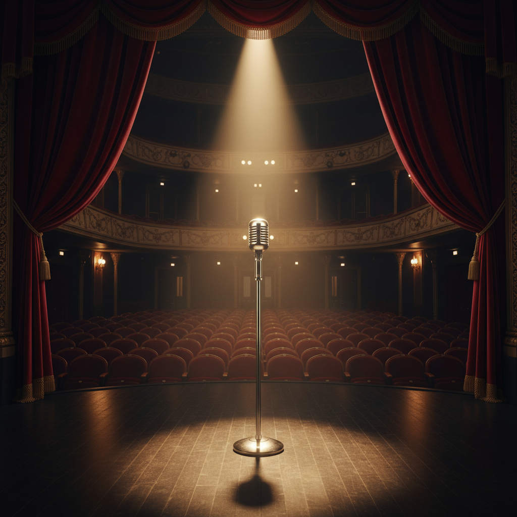 A polished, empty stage framed by deep crimson velvet curtains, with a single illuminated vintage-style microphone standing at center on a slender chrome stand. The stage floor is made of rich, dark-stained wood, reflecting a subtle sheen from overhead spotlights that form a dramatic cone of light around the mic. In the distance, rows of plush theater seats recede into cinematic shadow, their shapes barely visible. Warm, golden stage lighting creates a powerful sense of anticipation and energy, with faint haze catching the beams. Shot from a low, center-aligned perspective facing the microphone, the composition emphasizes depth and grandeur. The overall aesthetic is bold and cinematic, evoking live events and unforgettable on-stage experiences.