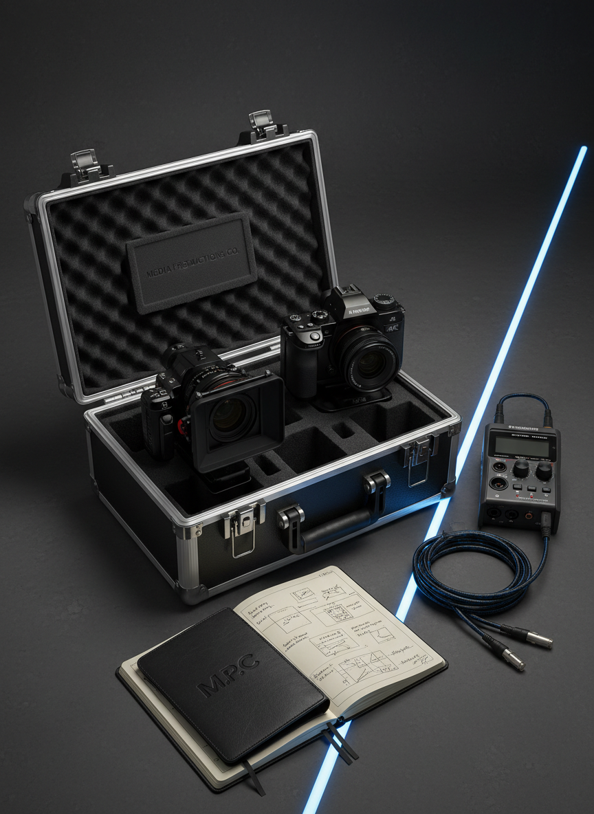A bold, cinematic still life of branded production gear arranged on a charcoal-gray backdrop: a rugged hard-shell camera case with metal latches, a compact 4K cinema camera with matte box attached, a portable audio recorder with XLR cables neatly coiled, and a sleek, embossed leather notebook partially open to reveal sketched show plans. A subtle strip of neon-blue LED light cuts diagonally across the scene, creating edgy reflections along the camera’s edges and the case’s textured surface. Soft, directional studio lighting from the left casts controlled shadows, adding depth without clutter. Shot from a slightly elevated angle with a balanced, editorial composition, the atmosphere feels ambitious, modern, and ready for action—perfectly representing a media production company’s toolkit.